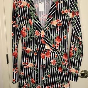 Floral Striped Long Sleeve Shorts Romper Jumpsuit Size Large